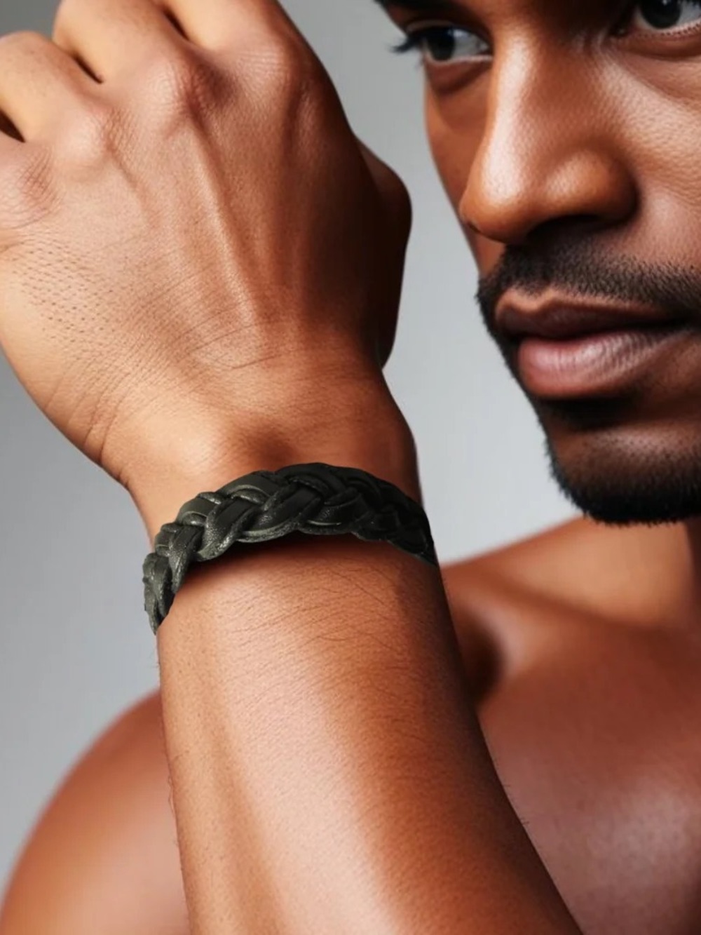 Fossil Men's unisex Braided Leather Bracelet in Olive Green snap-button closure